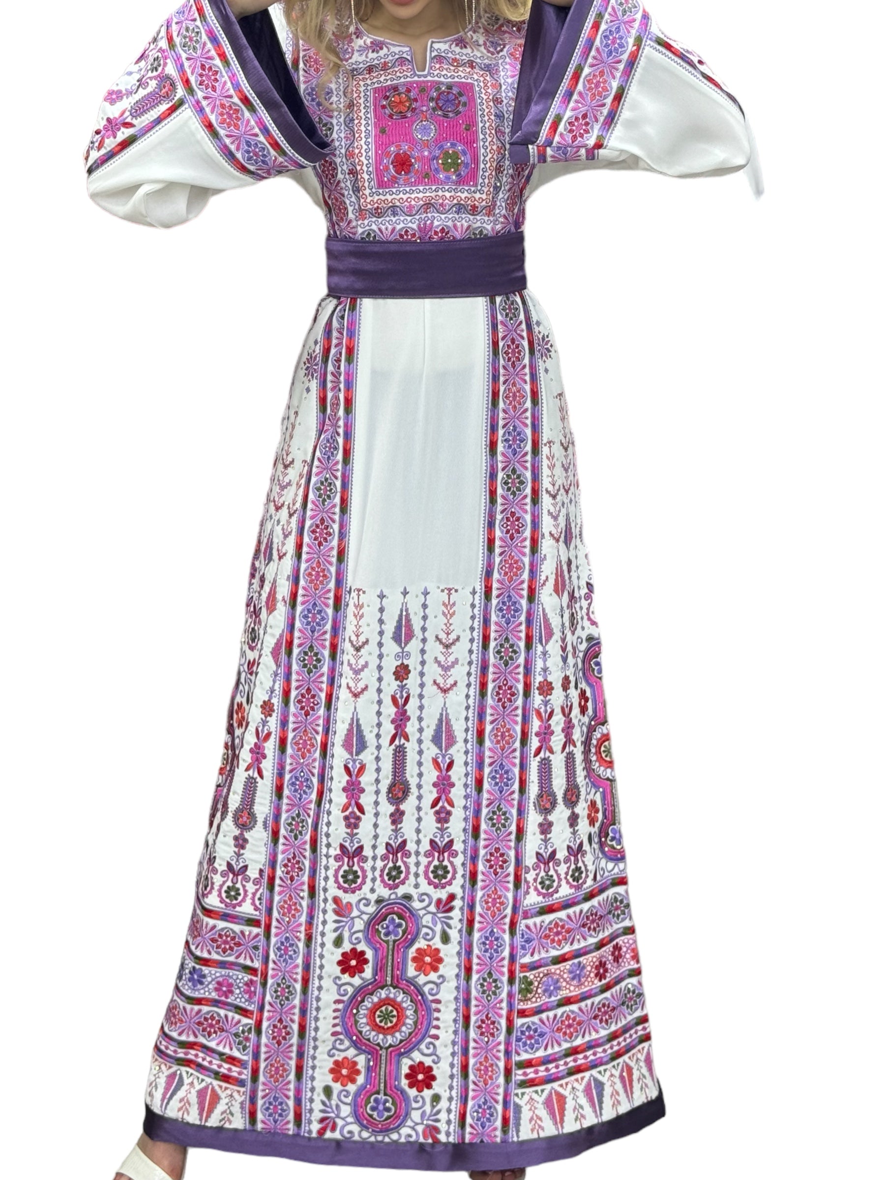 White & Purple Embroidered Palestinian Thobe With Reversible Belt