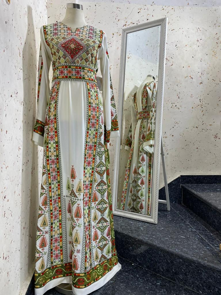 White Traditional Green Embroidery Stone Thobe with Matching Embroidery Belt