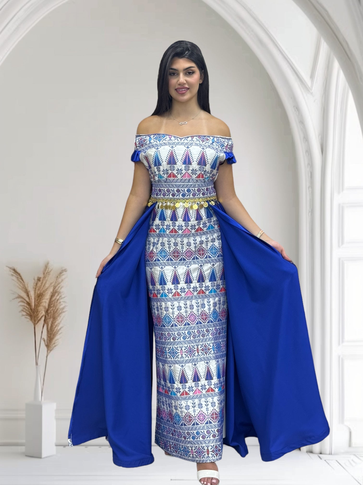 Blue Dress Off Shoulder Embroidered long Overskirt