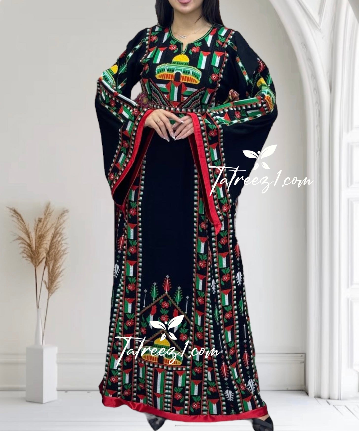 Palestine Flage Embroidery Black Traditional Thoub  Stone Thobe with Matching Belt