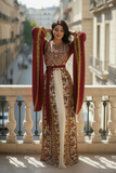 Floral Embroidered Palestinian Beige Thobe with Wide Sleeve