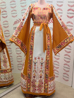 Load image into Gallery viewer, Yellow &amp; White  Palestinian Tatreez Thobe Heritage Elegance Embroidered Dress
