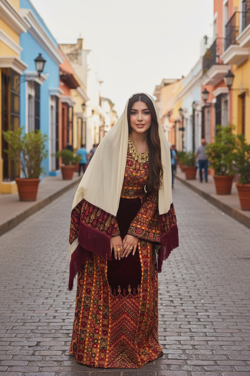 Maroon Velvet Palastine Thoub & Matching Headpiece