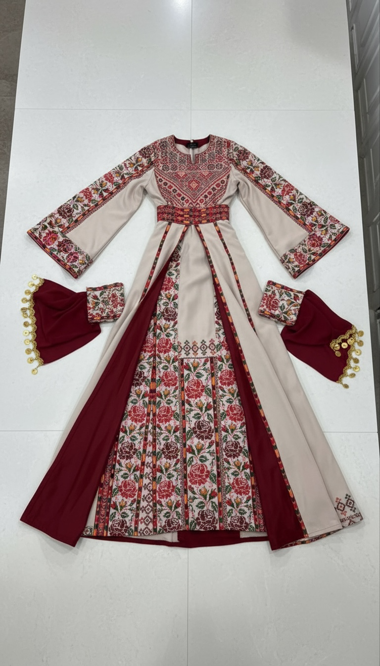 Light beige Elegance Thoub with Overskirt Thoub with Floral Embroidery