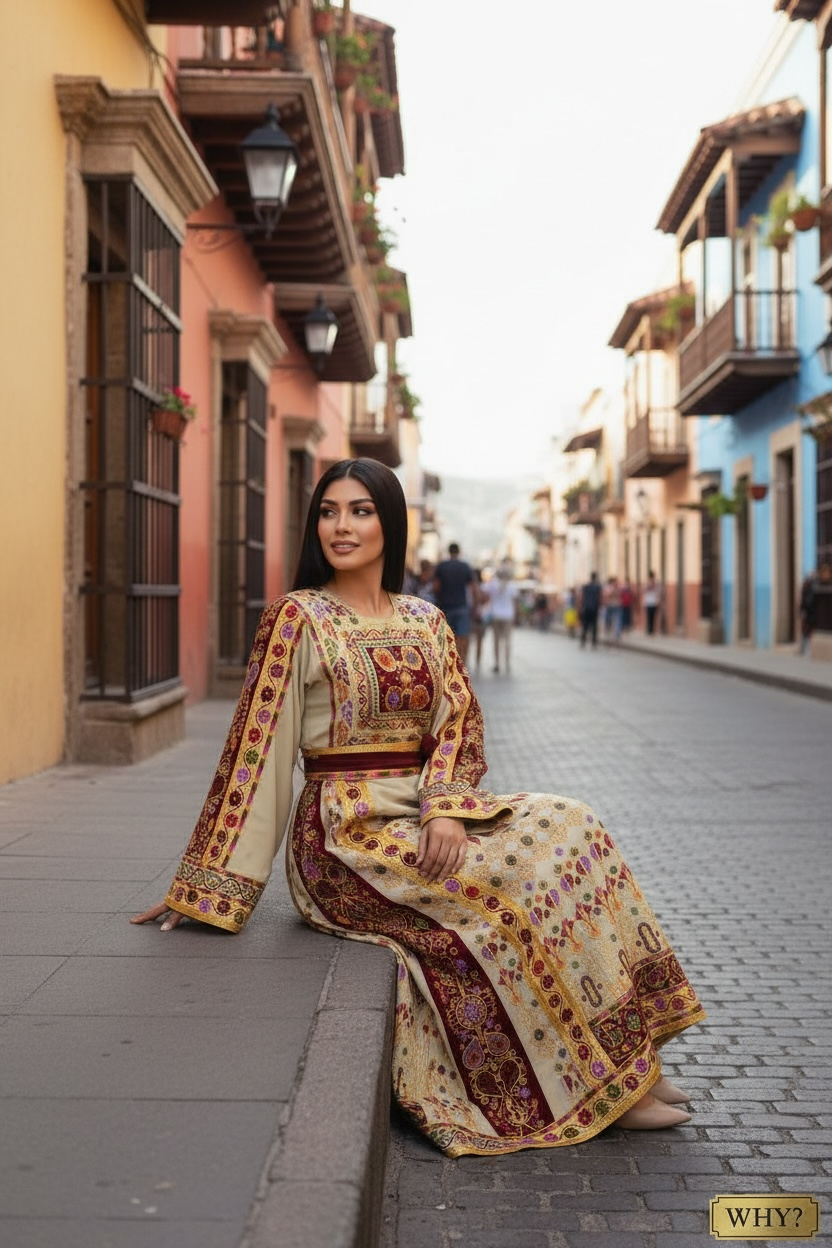 Baharej Thoub Luxury Embellishments Beige Shade Embroidered Palestinian Thobe