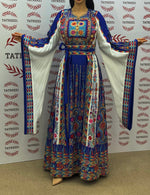 Load image into Gallery viewer, Blue Embroidered Palestinian Thobe with Wide Sleeves and Belt

