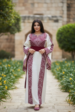 Load image into Gallery viewer, Wide Sleeve Thoub Red Embroidered Palestinian Thobe With Satin Belt
