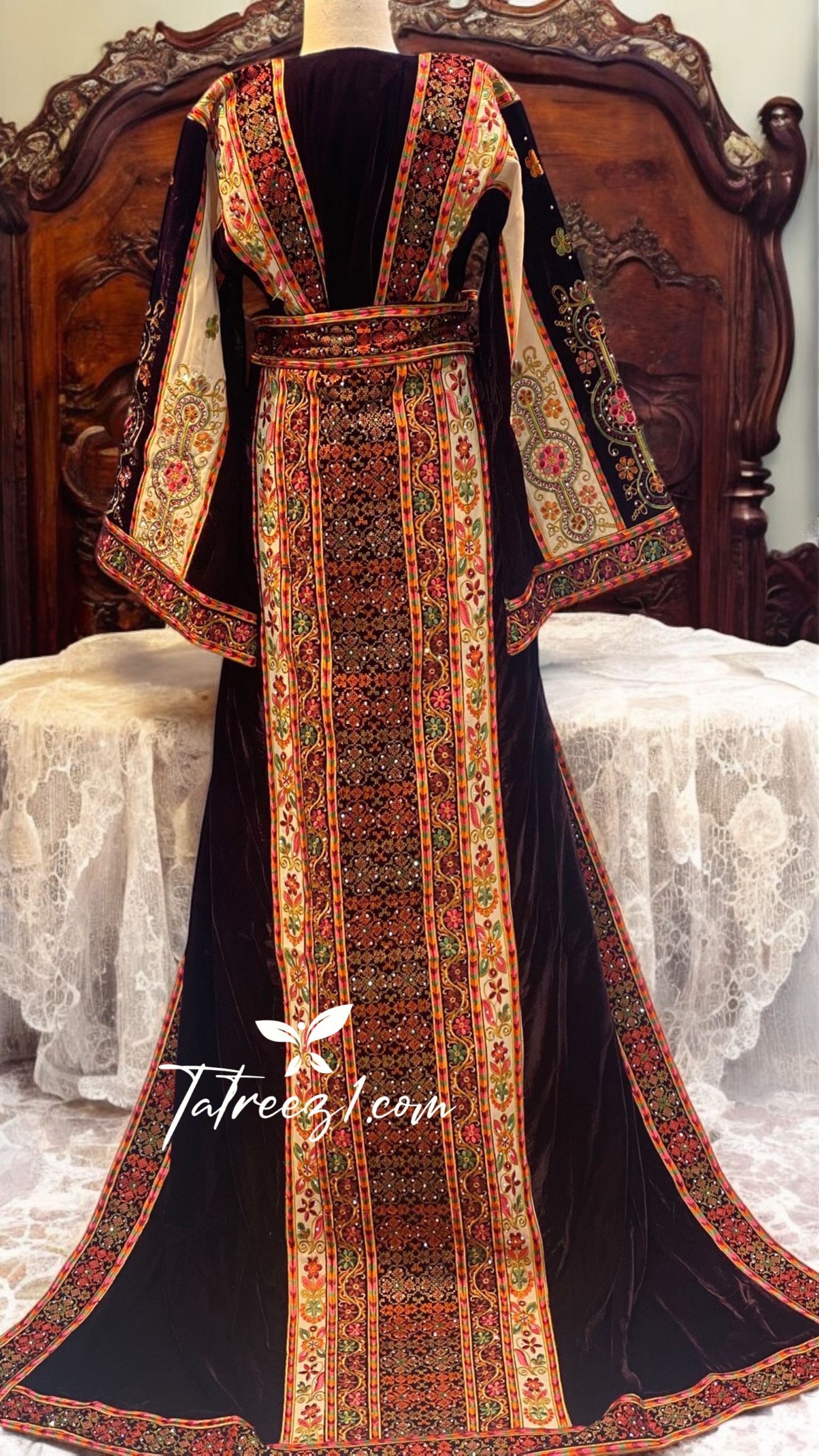 Malacca Thoub Silk Velvet Maroon Embroidery Thoub Come with headpiece and Overskirt