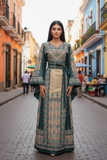 Beige thoub Blue Embroidered Palestinian Fellahi Thobe With Belt
