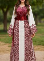 Load image into Gallery viewer, White Thoub Red Embroidered Palestinian Thobe With Reversible Belt
