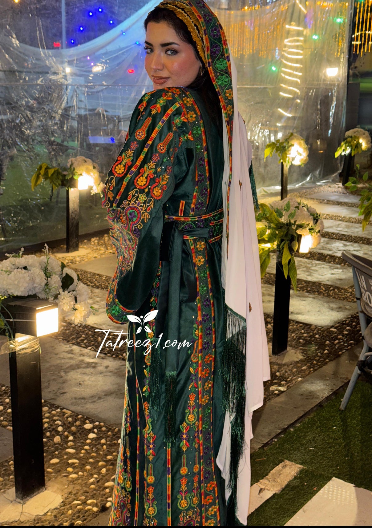 Silk Light Velvet Traditional Embroidered Green Dress With Matching Headpiece