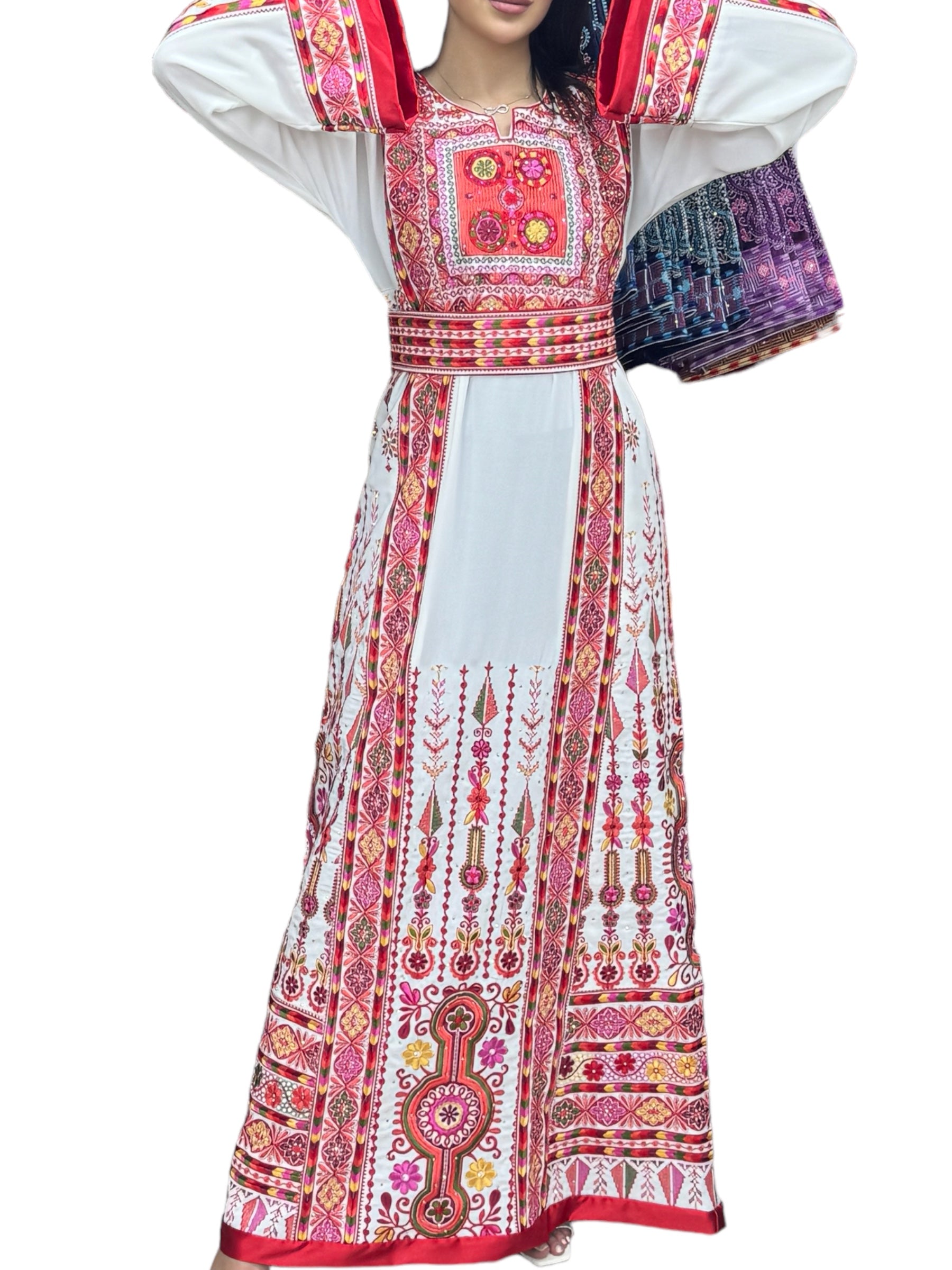 White & Red Embroidered Palestinian Thobe With Reversible Belt