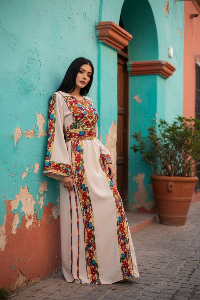 Beige Simple & Classic Elegant Emberoidery Dress With Matching belt