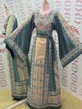 Beige thoub Blue Embroidered Palestinian Fellahi Thobe With Belt