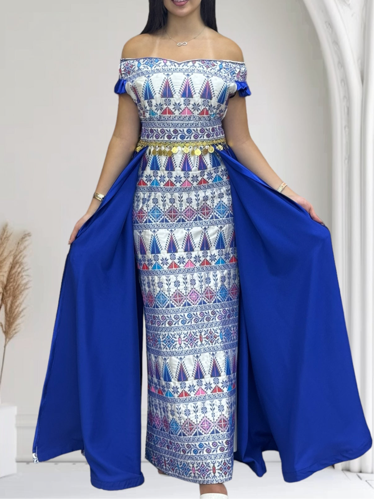 Blue Dress Off Shoulder Embroidered long Overskirt