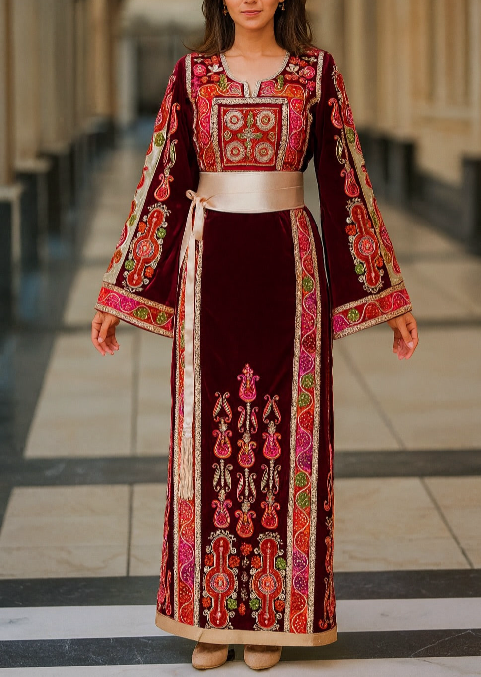 Maroon Velvet Malacca Embroidered Palestinian Fellahi Thobe