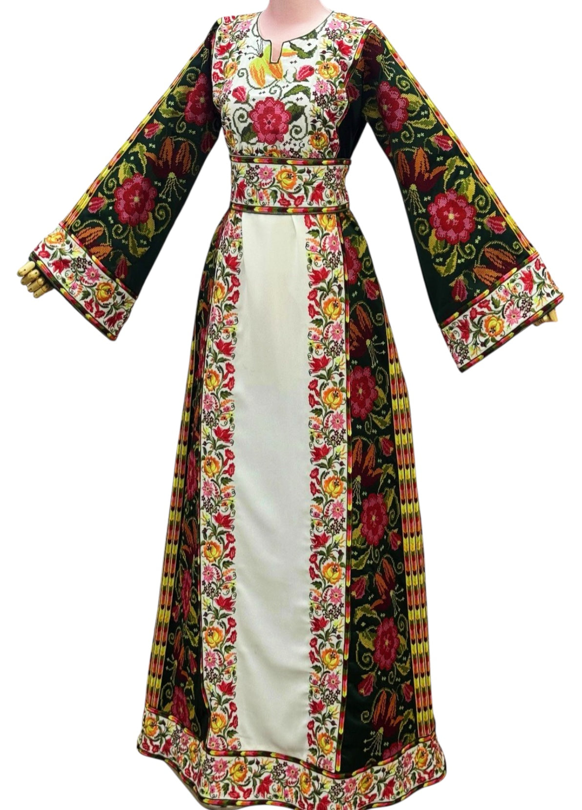 Green Embroidered Palestinian Thobe with Wide Sleeves and Belt