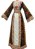 Green Embroidered Palestinian Thobe with Wide Sleeves and Belt