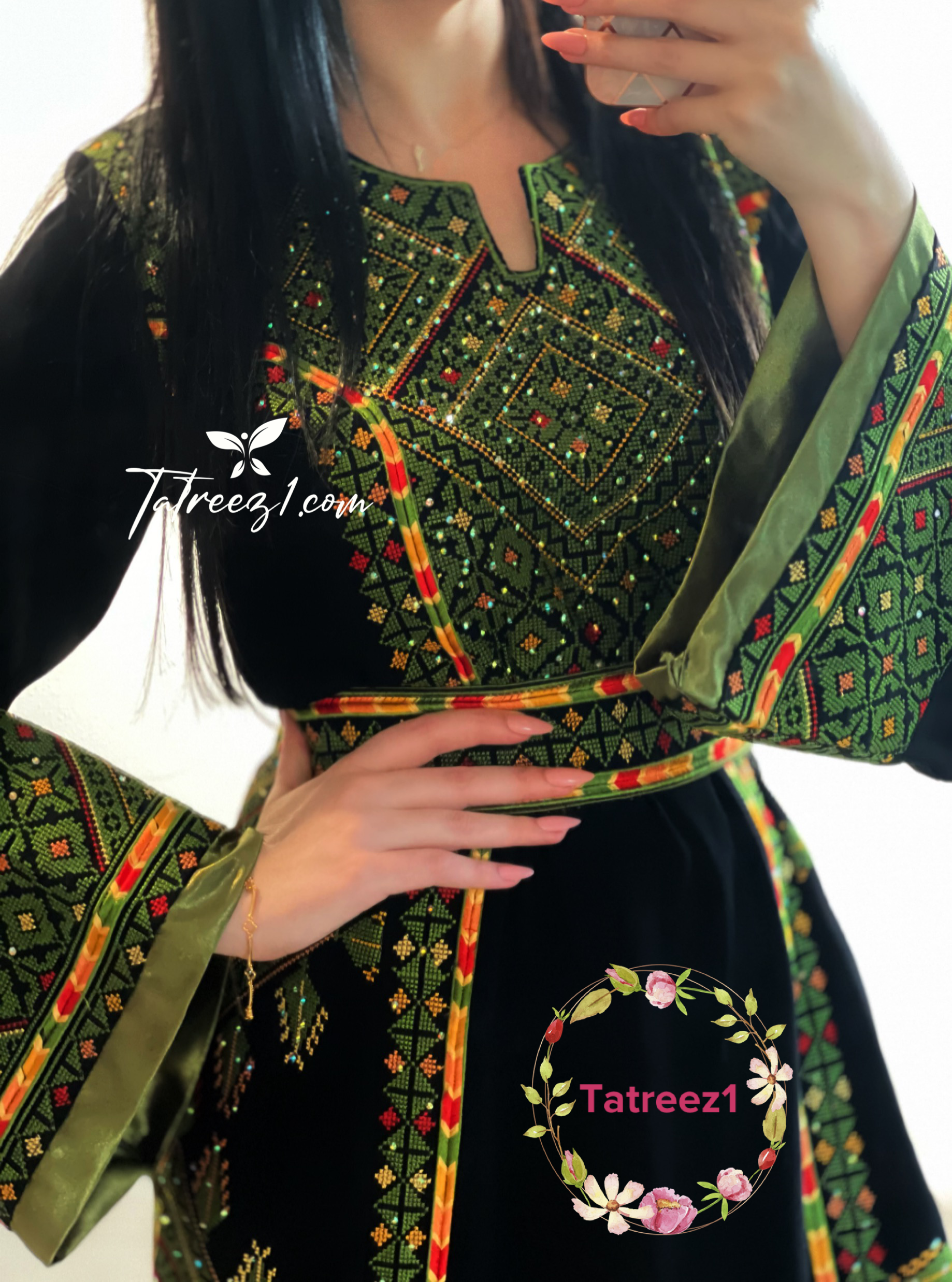 Black/Green Embroidery Embroidered Palestinian Thobe With Embroidery belt