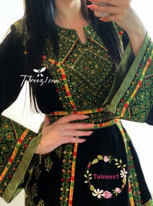 Black/Green Embroidery Embroidered Palestinian Thobe With Embroidery belt