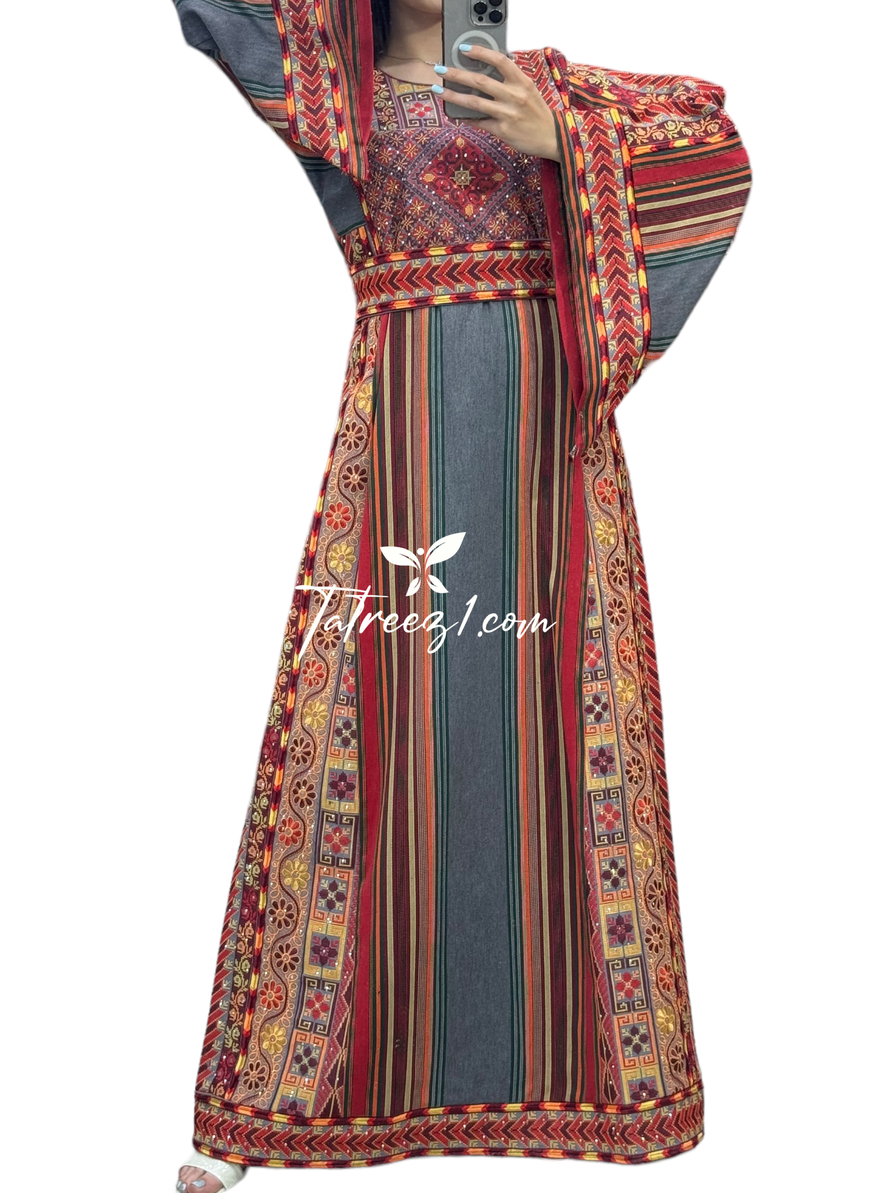 Gray Multicolor Majdalway Embroidered Palestinian Fellahi Thobe