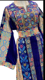 Load image into Gallery viewer, Blue German velvet Multicolored Gorgeous Palstainen Embroidery Traditional Long Thoub
