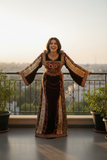 Qasab Maroon Malacca Silk Velvet Thoub with Embroidery and Overskirt