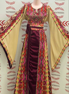 Luxury Traditional Palestinian Embroidered Dress Palestinian Thobe with Wide Sleeves and Belt