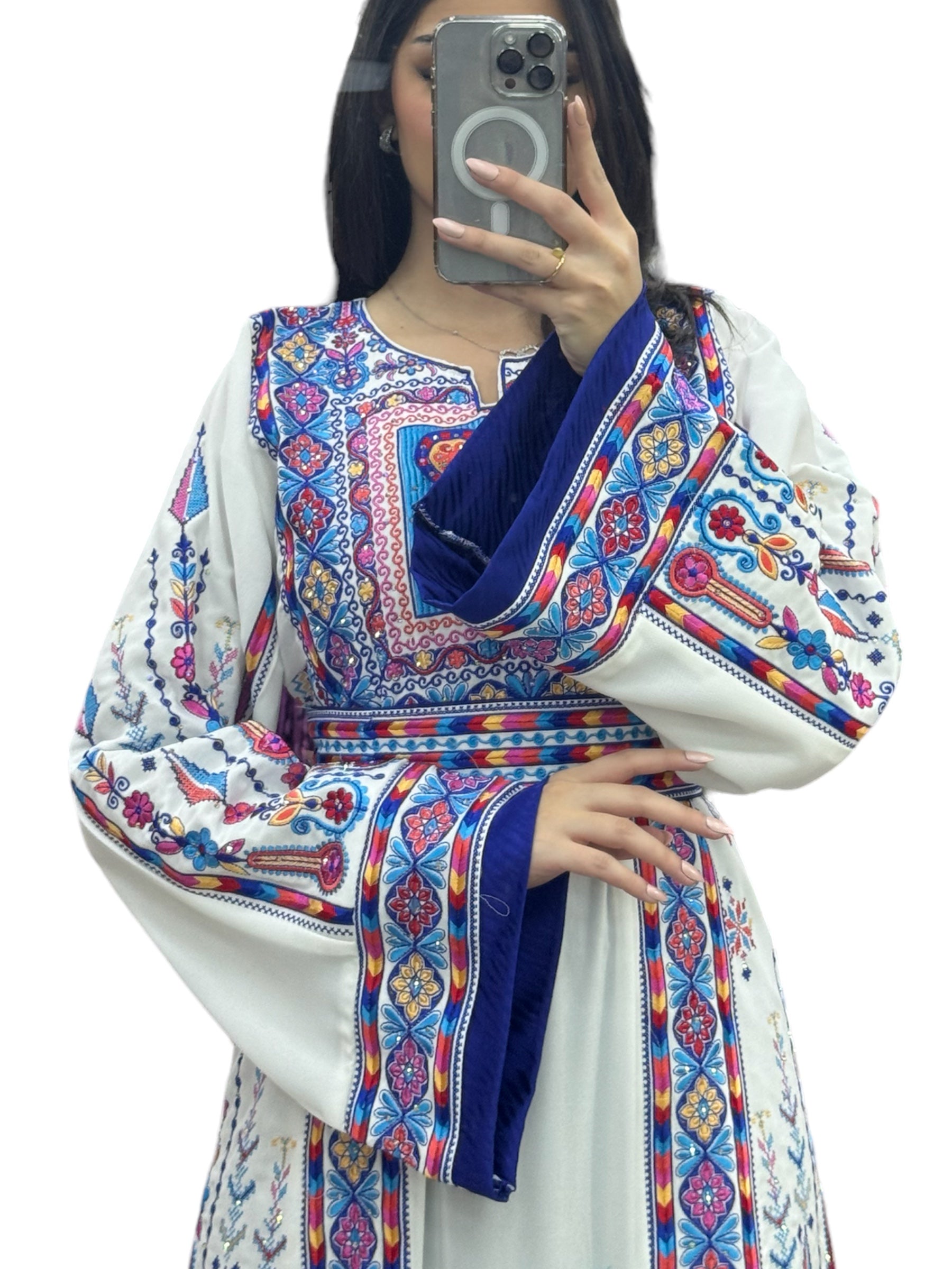 White & Blue Embroidered Palestinian Thobe With Reversible Belt