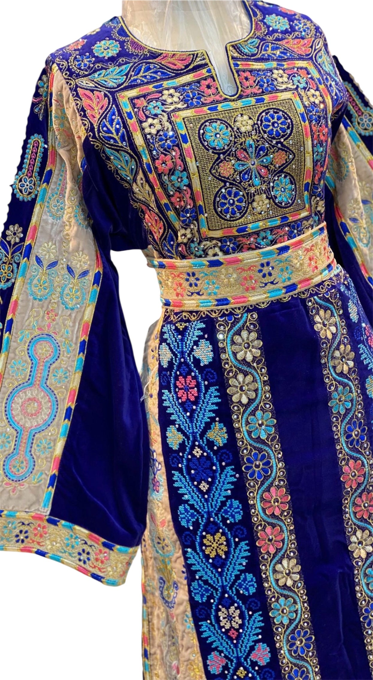 German velvet  Multicolored Gorgeous Palstainen Embroidery Traditional Long Thoub