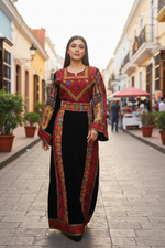 Load image into Gallery viewer, Black Velvet embellished with intricate Qasab (metallic) embroidery.
