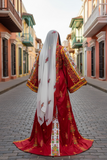 Red Malacca Silk Velvet Thobe with Stone Embroidery, Overskirt, and Headpiece
