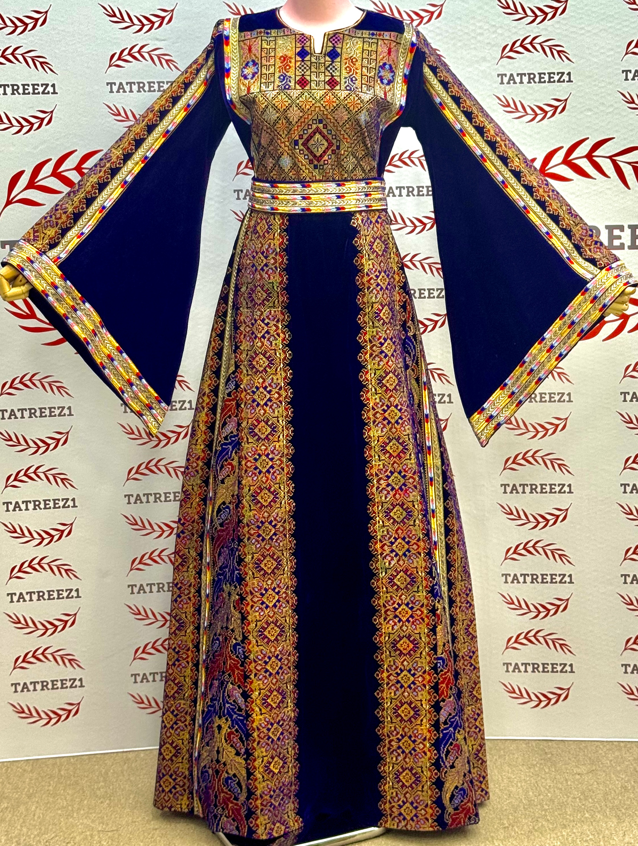 Silk Velvet Blue Thobe with Golden Stone Embroidery