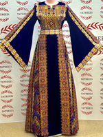 Load image into Gallery viewer, Silk Velvet Blue Thobe with Golden Stone Embroidery
