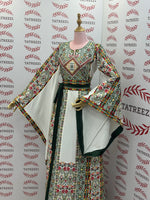 Load image into Gallery viewer, White Traditional Palestinian Thobe – Green Elegance Embroidery
