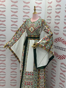 White Traditional Palestinian Thobe – Green Elegance Embroidery