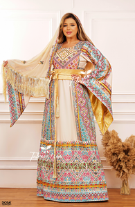 Gorgeous Beige shade, Palestinian Embroidery Traditional Long Thoub come with headpiece and Reversible belt