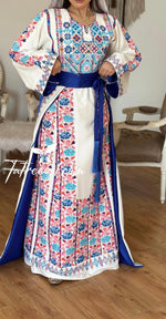 Charger l&#39;image dans la galerie, White Stunning Thoub with Floral Blue/Pink Embroidery and Overskirt.
