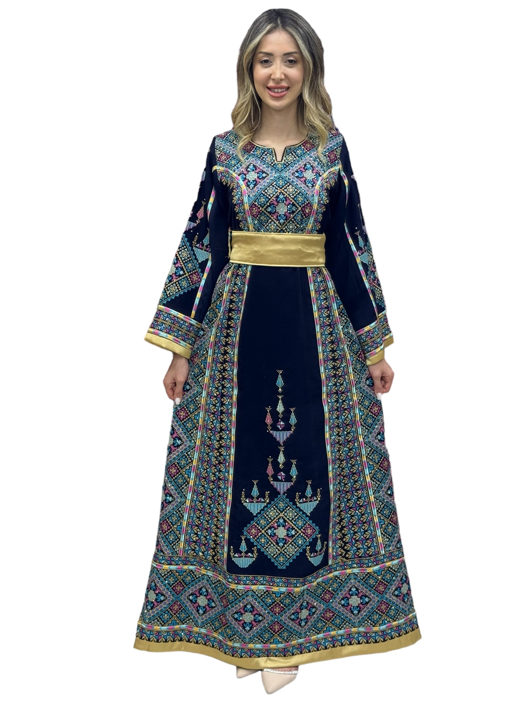 Navy Embroidery Embroidered Palestinian Thobe With Reversible Belt