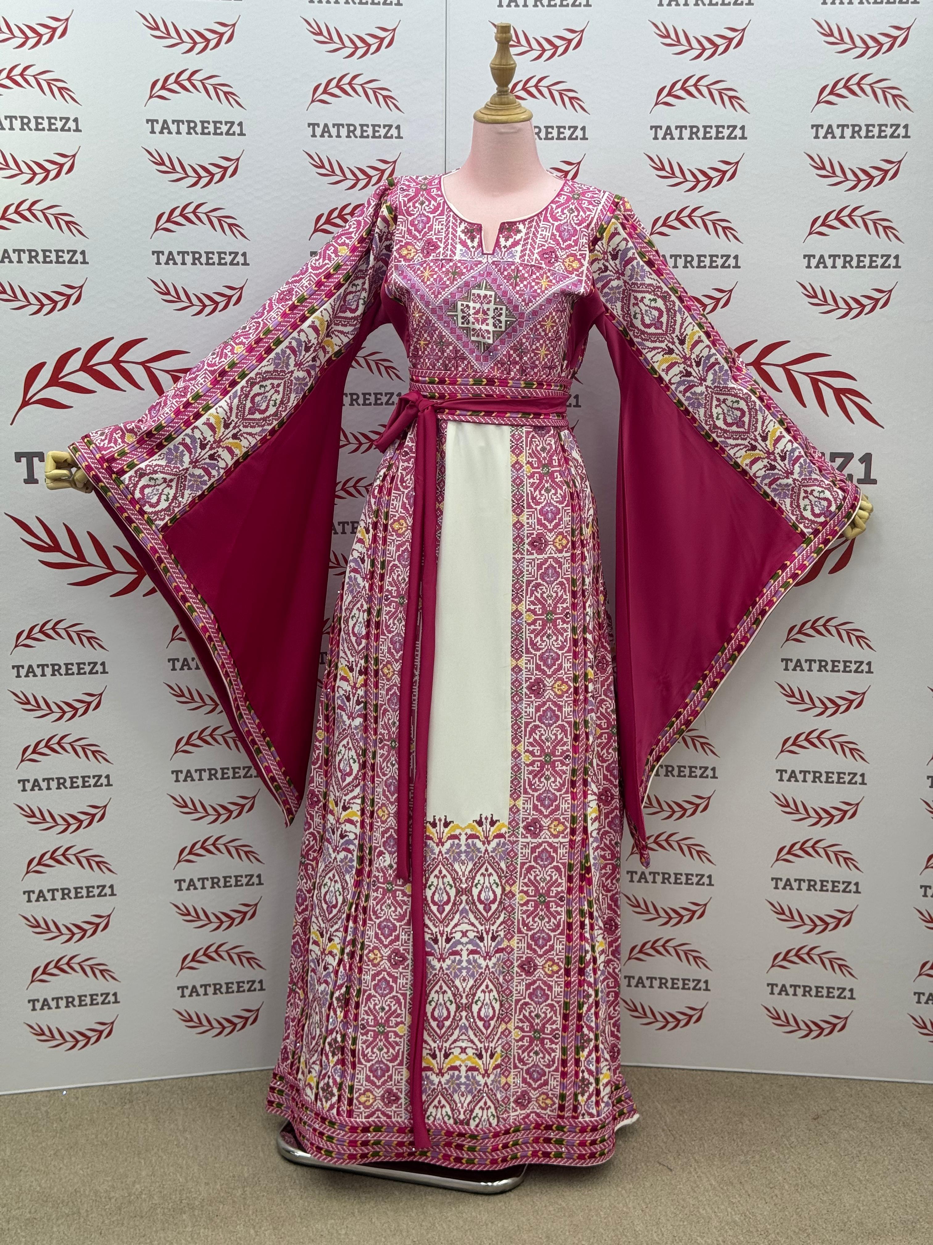 Pink Embroidered Palestinian Thobe with Wide Sleeves and Belt