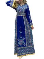 Load image into Gallery viewer, Blue Embroidery Embroidered Palestinian Thobe With Reversible Belt
