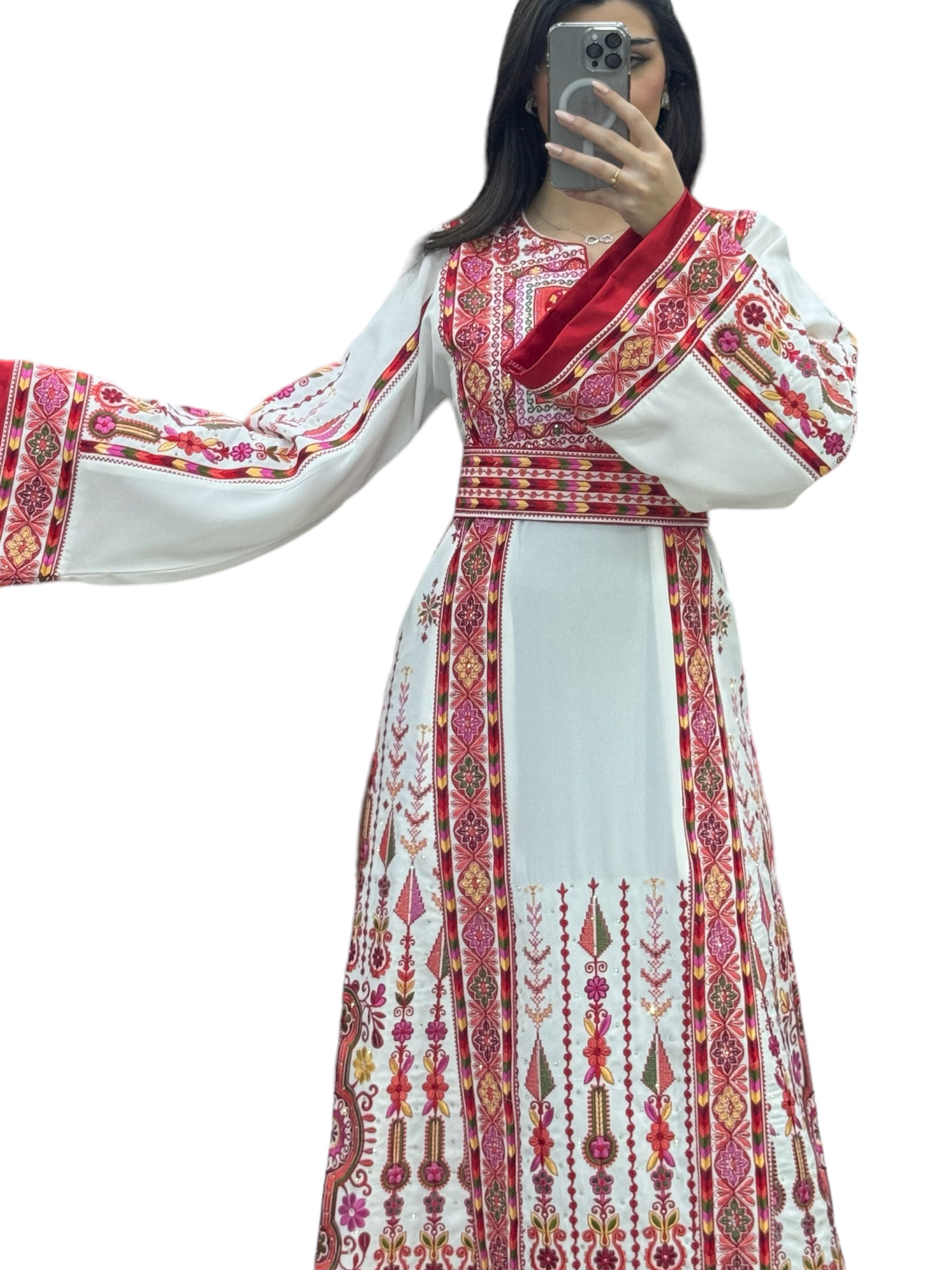 White & Red Embroidered Palestinian Thobe With Reversible Belt