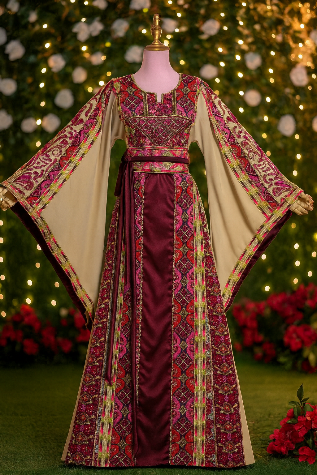 Luxury Traditional Palestinian Embroidered Dress Palestinian Thobe with Wide Sleeves and Belt