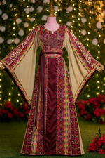 Load image into Gallery viewer, Luxury Traditional Palestinian Embroidered Dress Palestinian Thobe with Wide Sleeves and Belt
