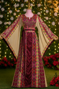 Luxury Traditional Palestinian Embroidered Dress Palestinian Thobe with Wide Sleeves and Belt