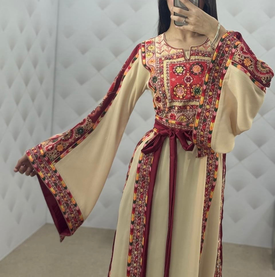 Traditional Beige A Simple Elegant Embroidered Dress