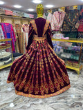 Malacca Thoub Silk Velvet Maroon Embroidery Thoub & Overskirt