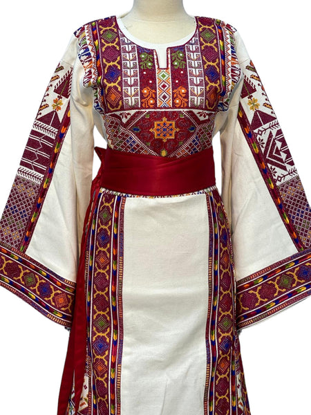 Etameen Material Ivory Traditional Embroidered Palestinian Thobe – Tatreez1 Etameen Material Ivory Traditional Embroidered Palestinian Thobe – Tatreez1