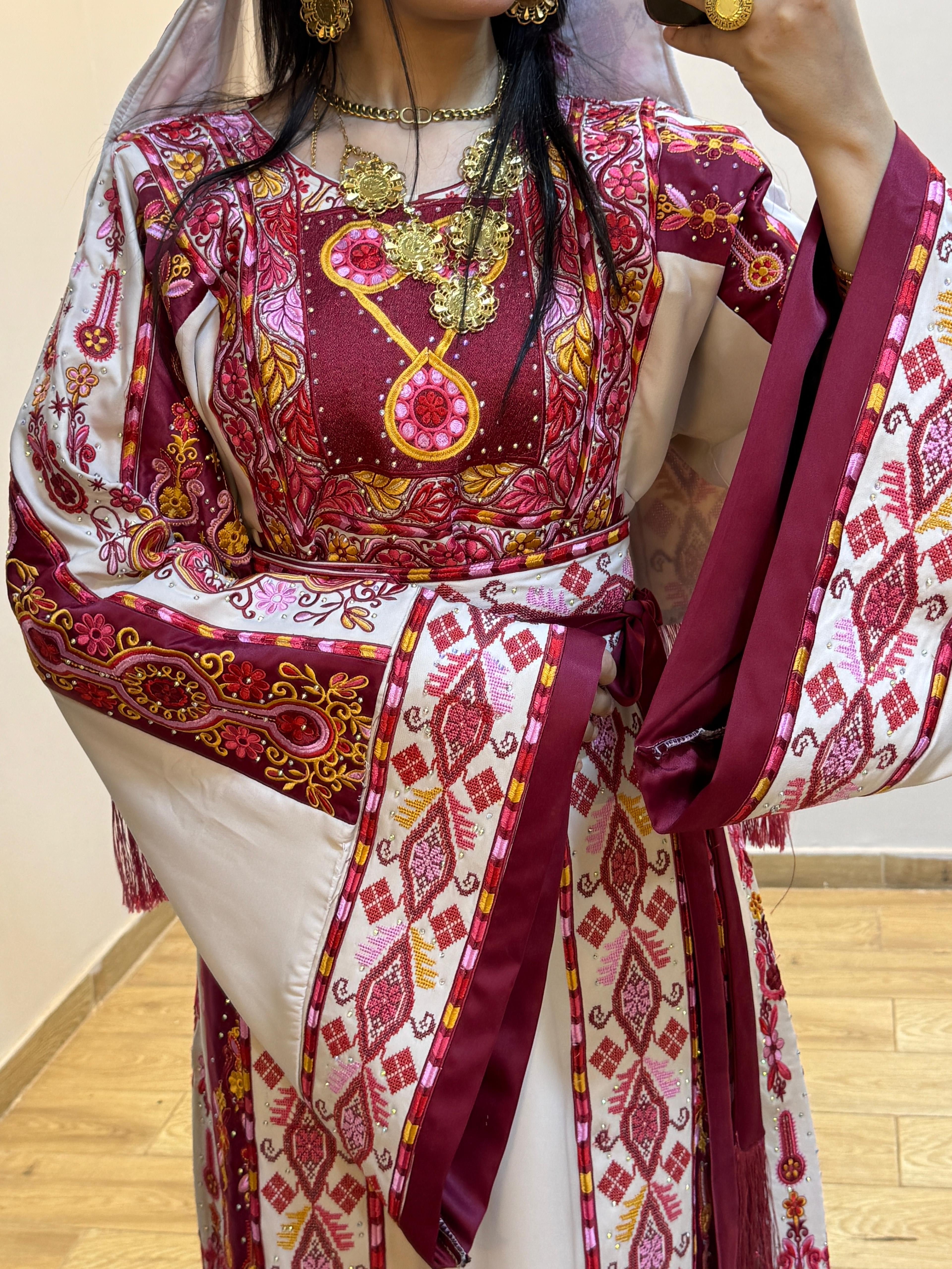 Beige Shade Traditional Embroidered Palestinian Fellahi Thobe