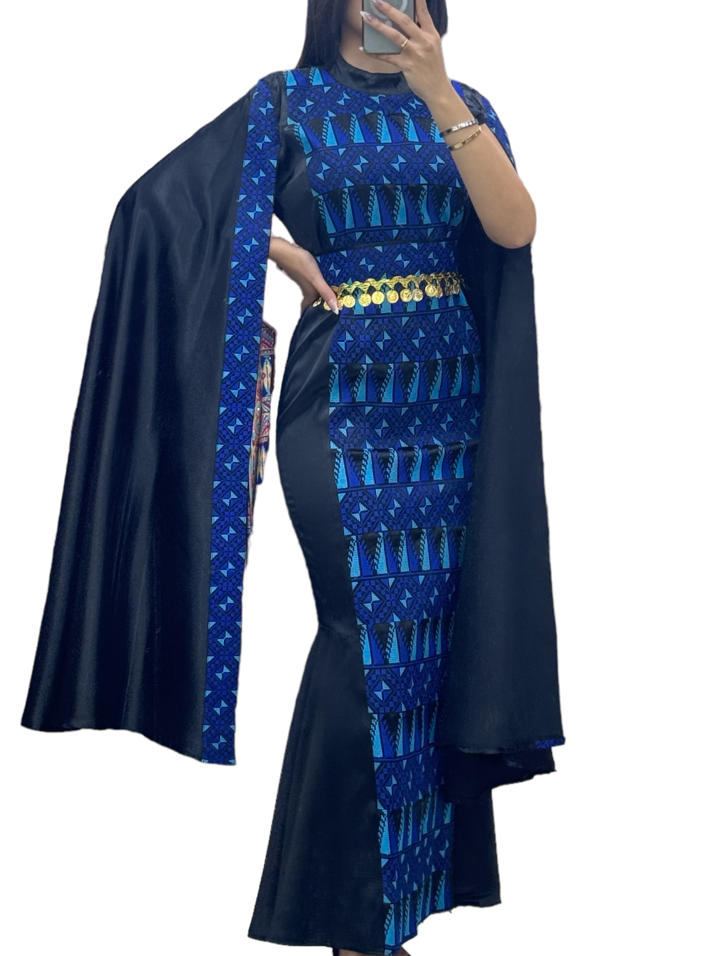 Blue/Black Dress Sleeve Drop Tatreez Elegant Beautiful Embroidery